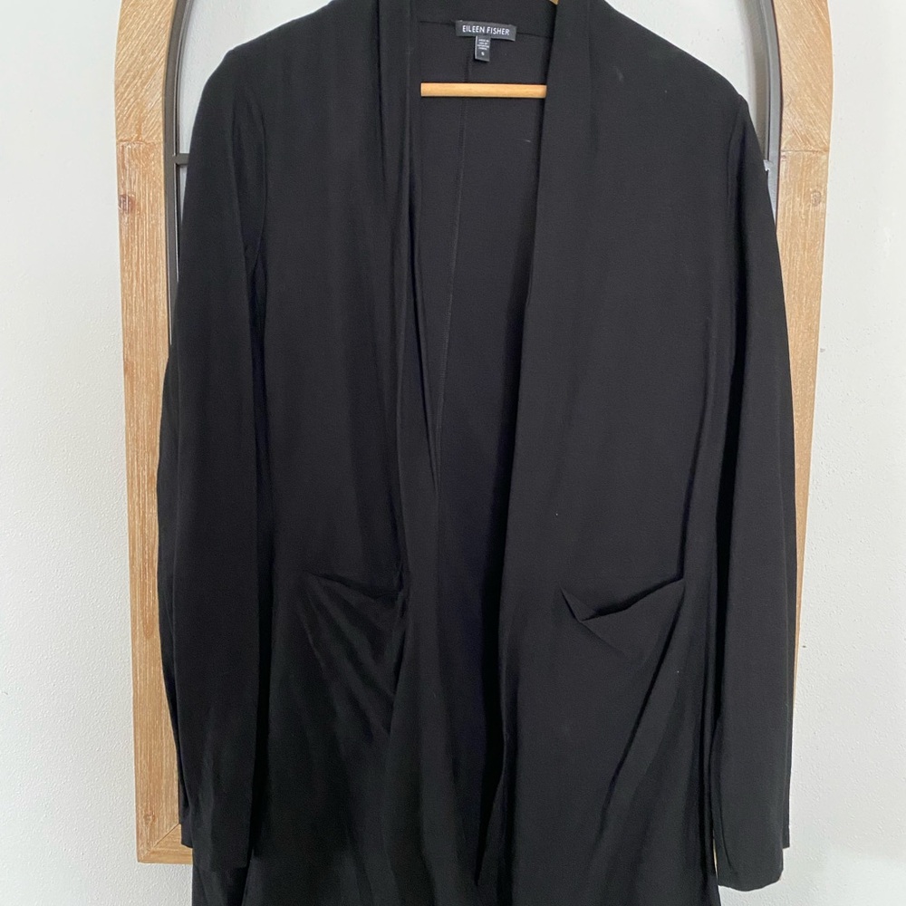 Eileen Fisher Elegant Black Women's Long Open Cardigan- Size Small
